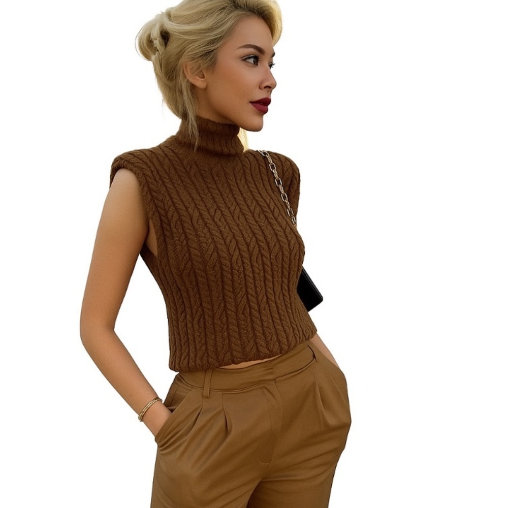 Zara Cable Knit Sleeveless Sweater Vest With High Neck In Cognac Size Large EUC!